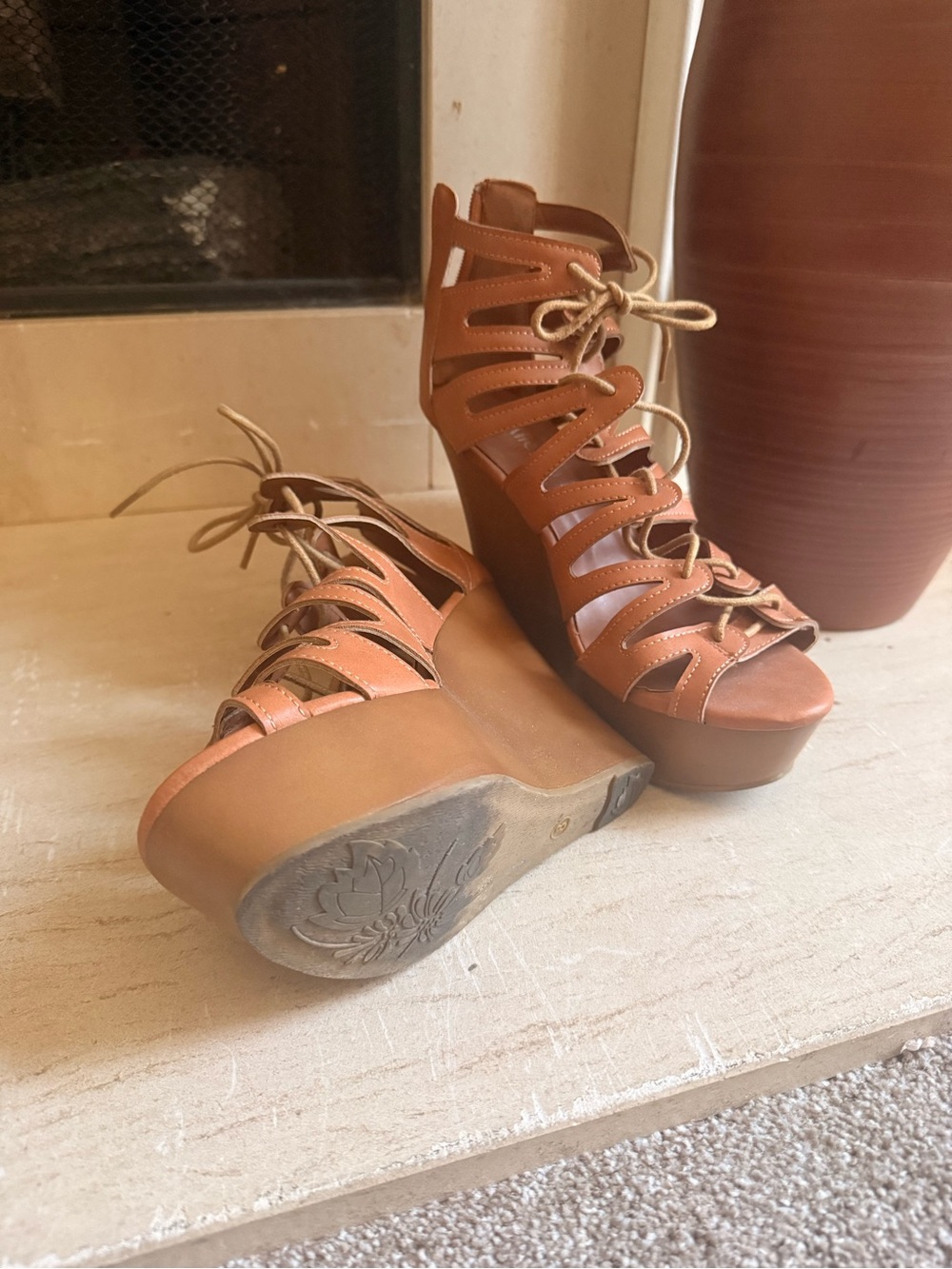 Allegra K Tan Lace-Up Strappy Wedge Sandals - Picture 2 of 3